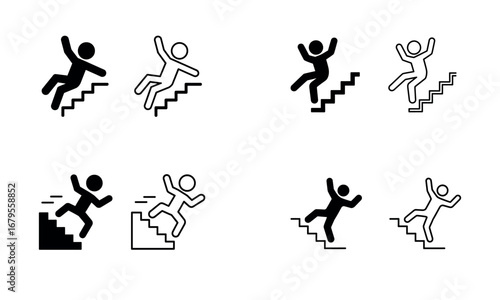 Set of falling down stairs icons with accident danger and injury warning symbols
