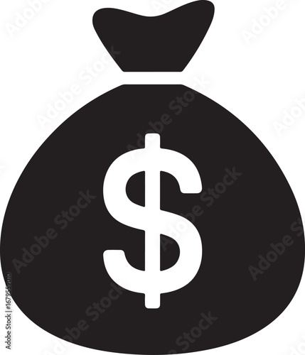 Black money bag with white dollar sign currency
