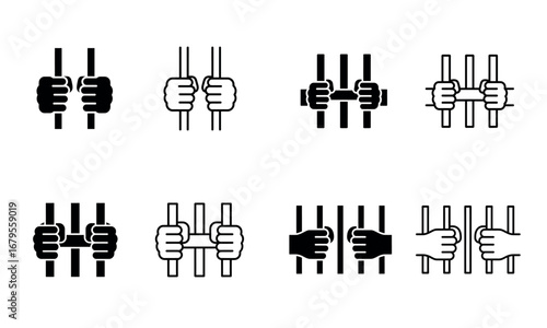 Prison hands holding bars silhouette icon illustration for crime punishment and justice concept 
