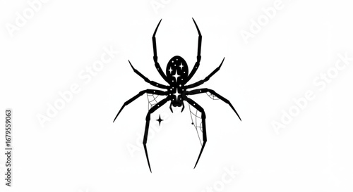 Illustration of a black spider with stars on its body and spiderwebs hanging from its legs vreated with genrated ai
