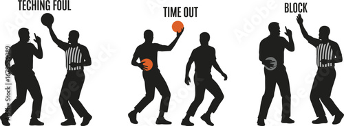 Basketball Referee Silhouettes Showing Official Hand Signals for Fouls, Timeouts, Jump Ball, and Traveling – Vector Sports Illustration Set