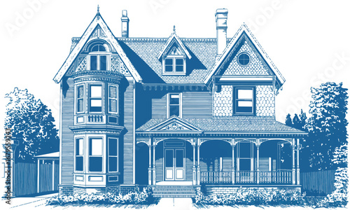 Majestic Victorian Manor: A Detailed Architectural Illustration Showcasing a Historic and Ornate House

