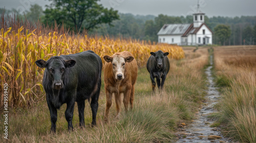 A pastoral farm scene of a corn field with a church in the background. Three cows express their curiosity at the camera. A muddy pathway. leads sto the place of worship