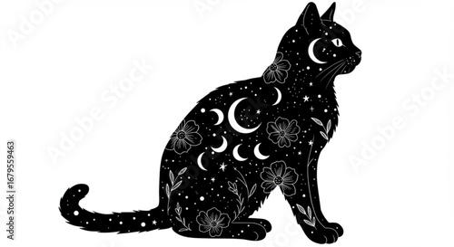Silhouette of a black cat decorated with moons stars and flowers in a mystical celestial design style vreated with genrated ai