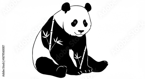 A panda bear sitting with bamboo stalks in a black and white illustration of the animal in nature vreated with genrated ai