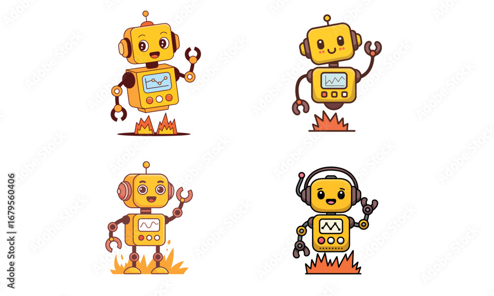 Obraz premium Cute cartoon robot character illustration set with futuristic design and playful expressions 