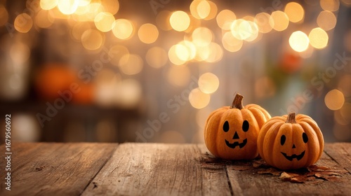 Two small, carved pumpkins with smiling faces on a rustic wooden table, set against a warm, bokeh-lit background creating a cozy Halloween atmosphere.