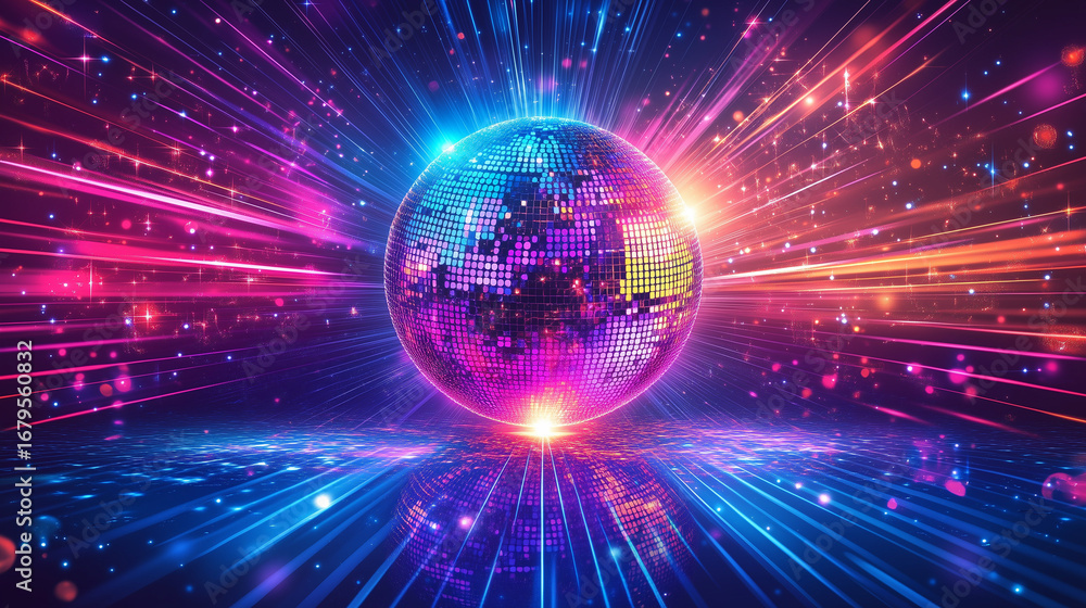 Fototapeta premium glittering disco ball centerpiece radiating vibrant light streaks retro fonts glowing text dynamic energetic disco party design