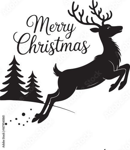 Black silhouette of a leaping reindeer with Merry Christmas text and pine trees