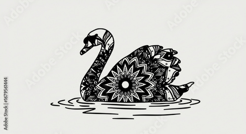 Detailed black and white swan illustration with intricate floral mandala pattern on water surface art design vreated with genrated ai