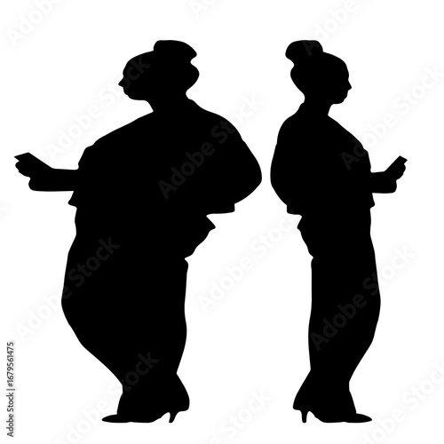 Conceptual fat overweight obese female vs slim fit healthy body after weight loss or diet on white background. A  fitness, nutrition or obesity, health shape illustration vector as silhouettes