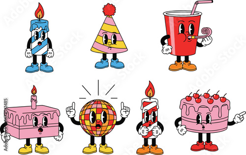 Party item characters, cartoon celebration icons, anthropomorphic design, festive props, birthday theme, cute expressions, colorful illustration, joyful vibe, sweet treats, playful decor