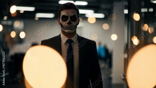 Imposing businessman with skull makeup for Halloween office walks down bokeh-lit office hallway, deliberate gaze and cinematic tone creating eerie contrast.