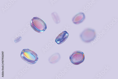 3D vector realistic holographic iridescent glass coins purple effect flying, transparent token, casino chip background