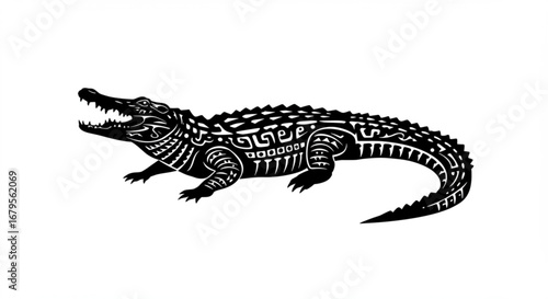 Detailed black and white illustration of an alligator with intricate tribal pattern designs along its body vreated with genrated ai