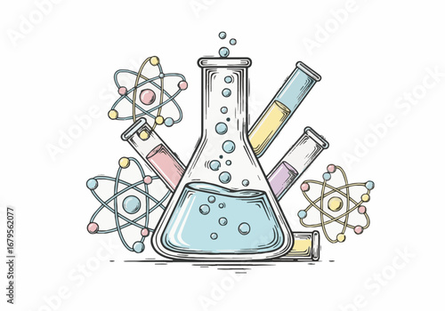 Chemistry lab illustration for science education: beaker, test tubes, atom models. Perfect for World Teacher's Day, STEM learning, and school.