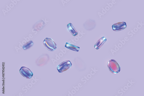 3D vector realistic holographic iridescent glass coins purple effect flying, transparent game token, crystals background