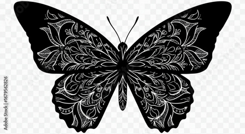 Detailed black butterfly with white floral patterns and symmetrical wings illustration art design vreated with genrated ai