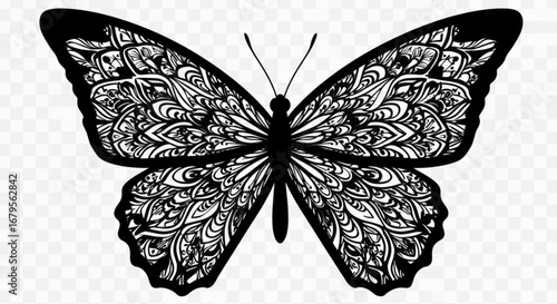 Detailed black and white butterfly with intricate patterns on its wings displayed open wide in full view vreated with genrated ai