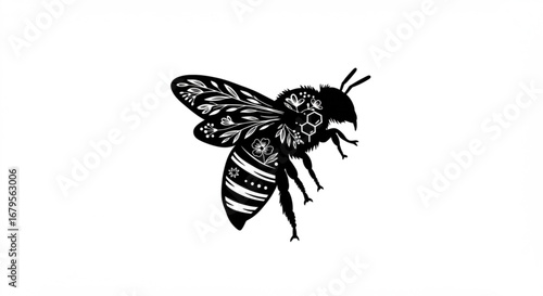 Silhouette of a bee with floral and geometric patterns on its body and wings design element vreated with genrated ai