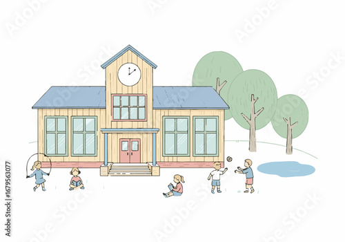 School building with children playing outside, a vibrant illustration symbolizing education, learning, and fun for World Teacher's Day.
