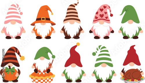 Autumn gnome cartoon, festive character set, Thanksgiving theme, seasonal hats, pumpkin and pie, holiday decor, cute illustration, cozy vibe, fall celebration, cheerful design