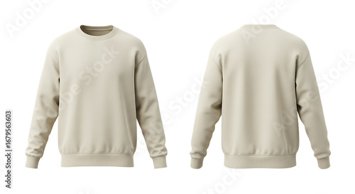 Blank Cream Beige Sweatshirt Mockup, Front and Back Views. Casual Long Sleeve Crew Neck Pullover Template with Ribbed Cuffs and Hem for Fashion and E-commerce Design Display, Transparent Background.