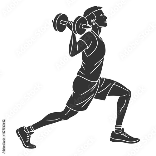 Man performing a dumbbell lunge exercise with weights overhead