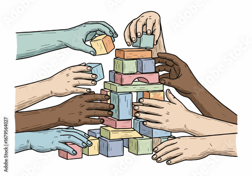 Diverse hands collaboratively building a tower with colorful wooden blocks, symbolizing education, teamwork, learning, and growth for World Teacher's Day.