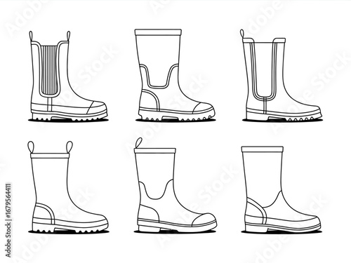 Collection of Black and White Outline Illustrations of Rubber Boots for Various Activities and Weather Conditions for Design Projects
