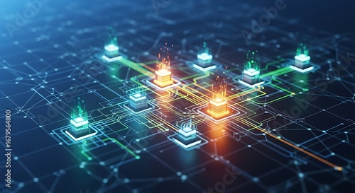 Edge computing network with distributed data processing nodes and real time connections representing future technology AI and decentralized infrastructure
