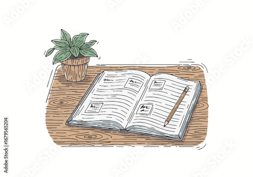 World Teacher's Day academic illustration with open textbook, pencil, and potted plant on a wooden desk. Learning & study assets.