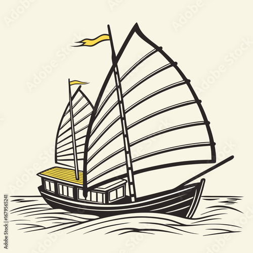 Illustration of a chinese junk ship sailing on the sea