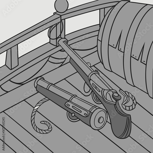 Illustration of a pirate ship deck with cannons and weapons