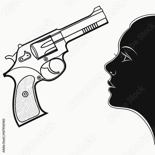 Vector art of black and white illustration of a womans head with a gun isolated on white
