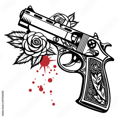 Vector art of modern gun with roses and blood hand drawn vector illustration