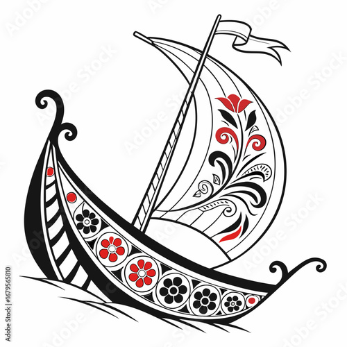 Vector art of ornate viking ship with floral design