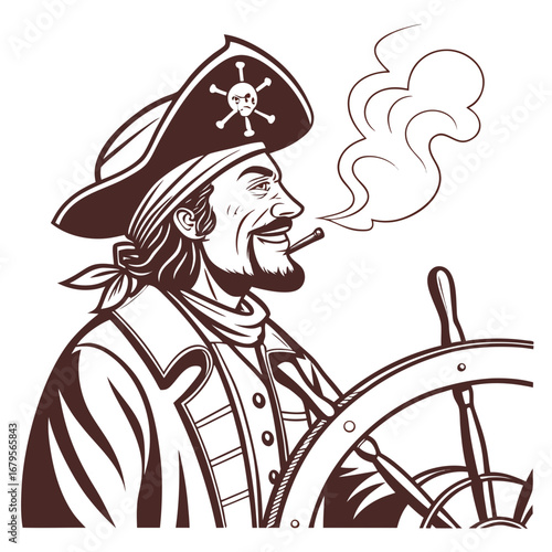 Vector art of pirate captain at the ships wheel smoking a cigar