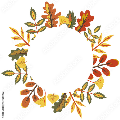 Autumn leaves as round frame. Fallen leaf arrangement for backgrounds, advertising, banners and greeting cards