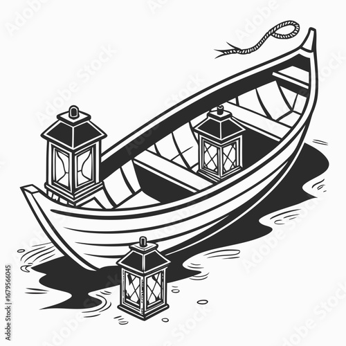 Vector art of rowboat with lanterns on the water