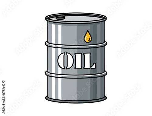 Illustration of a silver oil barrel with the word oil