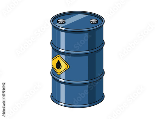 Blue oil barrel with a yellow hazard symbol