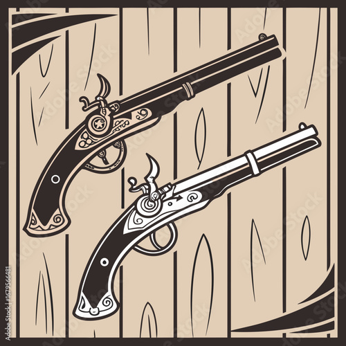 Vector art of vintage flintlock pistols on wooden background, vector illustration design