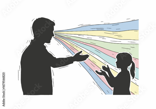 World Teacher's Day concept: Silhouette of an educator imparting colorful knowledge and wisdom to a child, symbolizing education and mentorship.