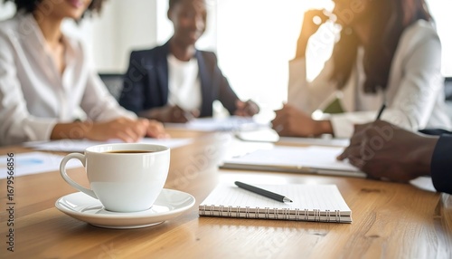 A close-up view of a meeting in progress, with coffee cup and documents on a table. Blurred figures of people seated around a table, possibly in business discussion