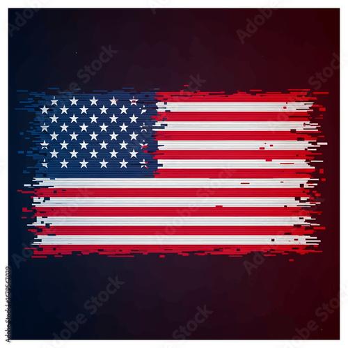Dynamic American flag design with modern glitch effect, perfect for patriotic campaigns and national holiday promotions