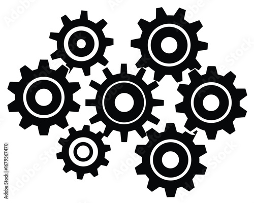 Collection of interconnected gear silhouettes representing teamwork engineering and mechanical systems