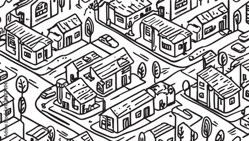 Monochrome Cityscape Illustration Showing a Densely Populated Residential Area with Houses and Trees in a Unique Line Art Style