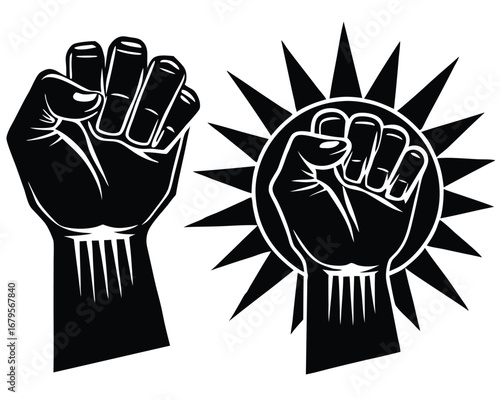 Collection of diverse hand and fist silhouette icons representing power strength and solidarity