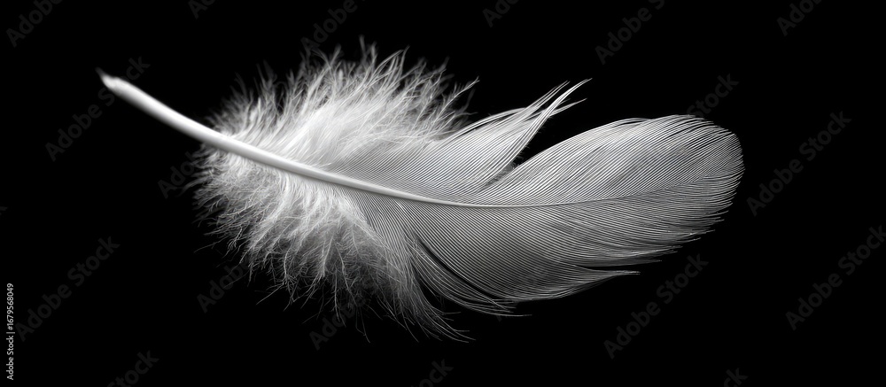 Fototapeta premium Delicate white feather against black background (1)